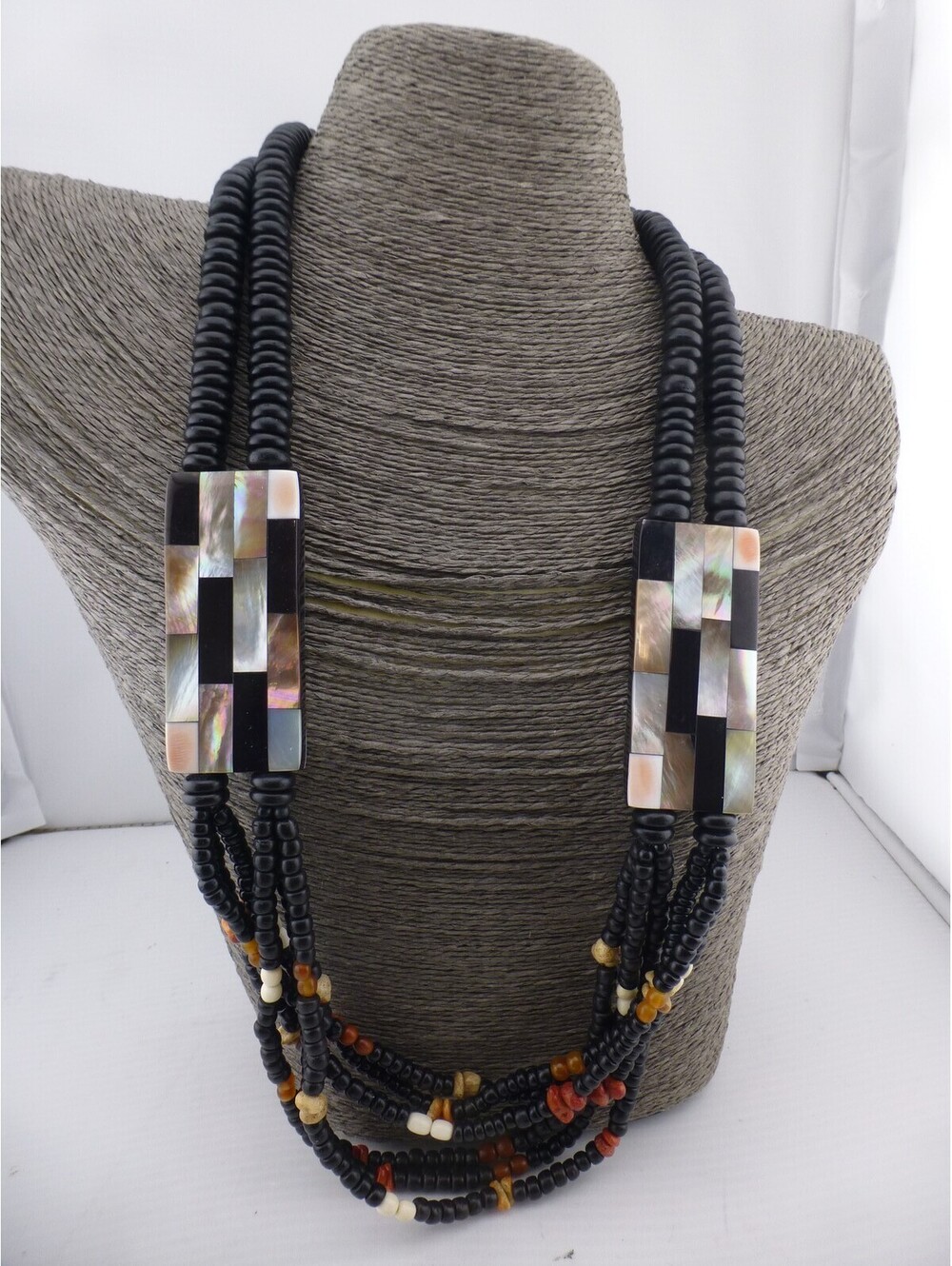 Multi-Strand Beaded Necklace Black Wood Mother of Pearl Shell Pendant 25" - F3